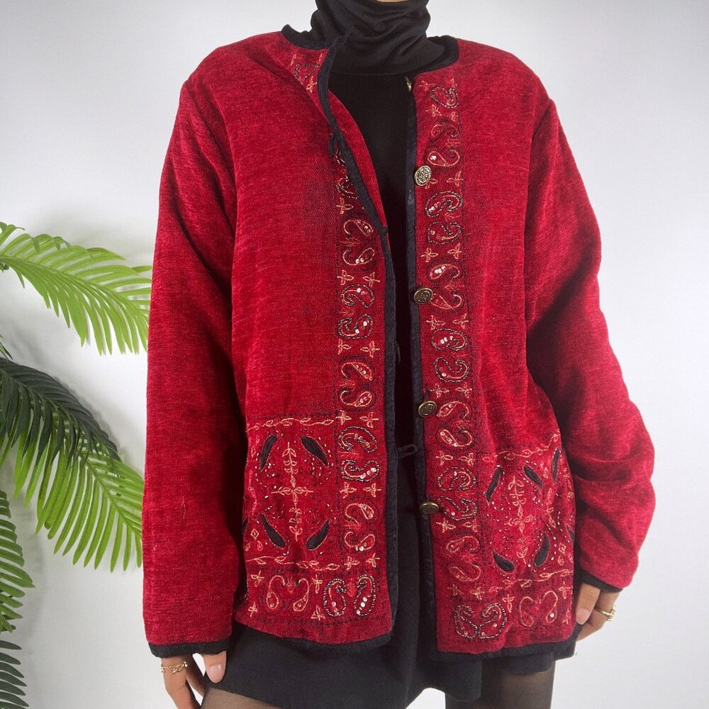 Vintage 90s Red Paisley Embroidered Fairy Grunge Bohemian Oversized Jacket / M - Picture 3 of 7